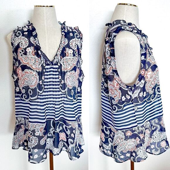 Cabi Peplum Blouse Tank Sheer Paisley Stripes White Blue 5349 S - Picture 1 of 5
